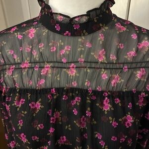 Express Black Blouse with Pink and Gold Floral Design